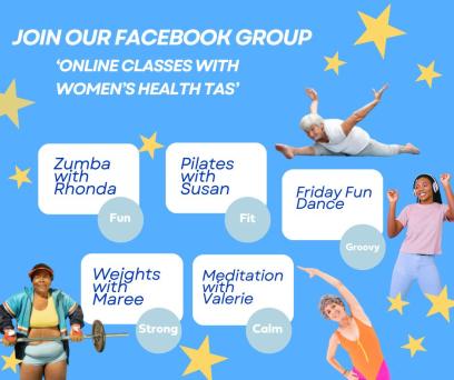 Online class names and descriptions on a blue background decorated with women and stars