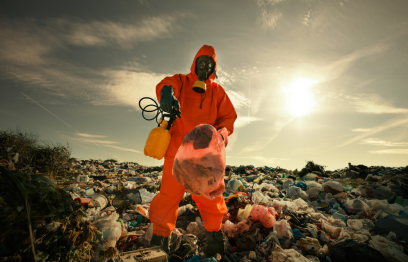 Person in hazmat suit and mask standing on a tip.