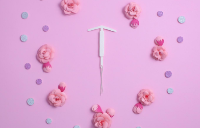 An IUD surrounded by flowers and polkadots