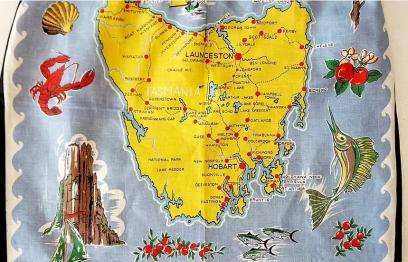 Part of a skirt with a map of Tasmania printed on the front