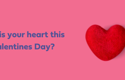 A red knitted heart on a pink background with the text 'How is your heart this Valentines Day?'