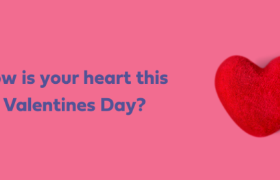 A red knitted heart on a pink background with the text 'How is your heart this Valentines Day?'