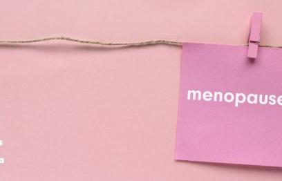 a pink sticky note with the word 'menopause', the WHT logo