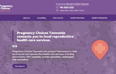 Photo of home page of Pregnancy Choices Tasmania website. Image has text and a map of Tasmania.
