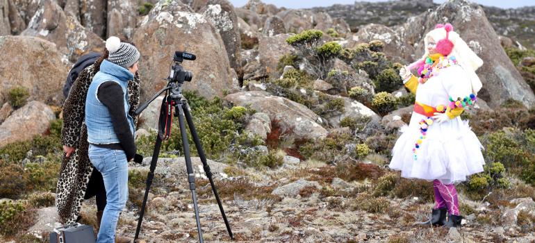 Director Rebecca Thomson with Ninna Millikin filming Julia Drouhin on Mount Wellington 2017 - photo by Lara van Raay