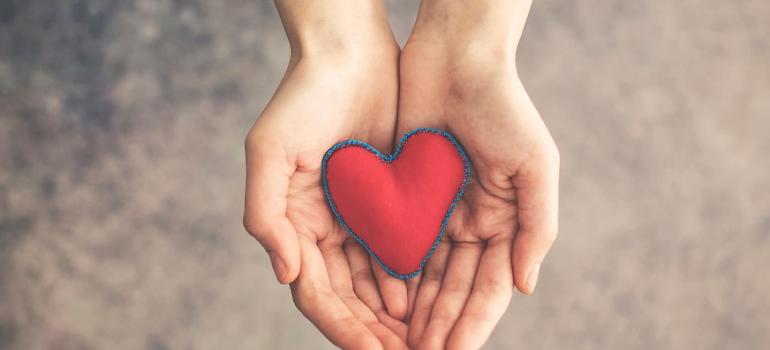 Cupped hands holding a plush red heart