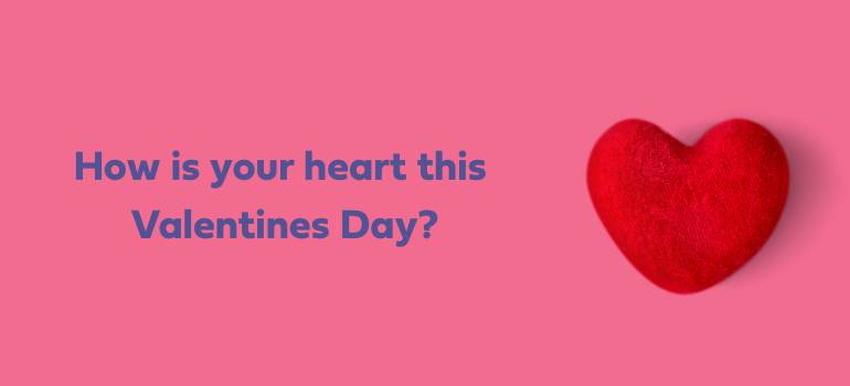 A red knitted heart on a pink background with the text 'How is your heart this Valentines Day?'
