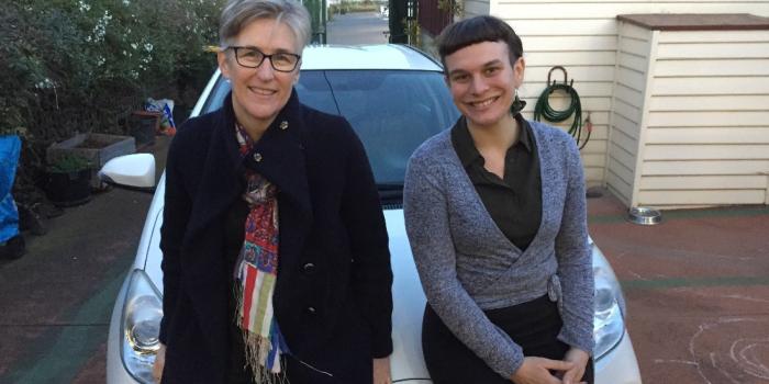 Naturopath Monica Francia and Women's Health Tasmania CEO Jo Flanagan outside Women's Health Tasmania when they recoded the podcast last year (pre social distancing!)